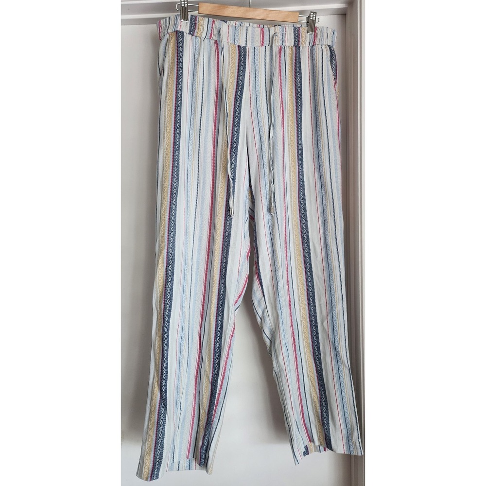 Soho Apparel Striped Linen Blend Pants L Elastic Drawstring Waist Boho Beach